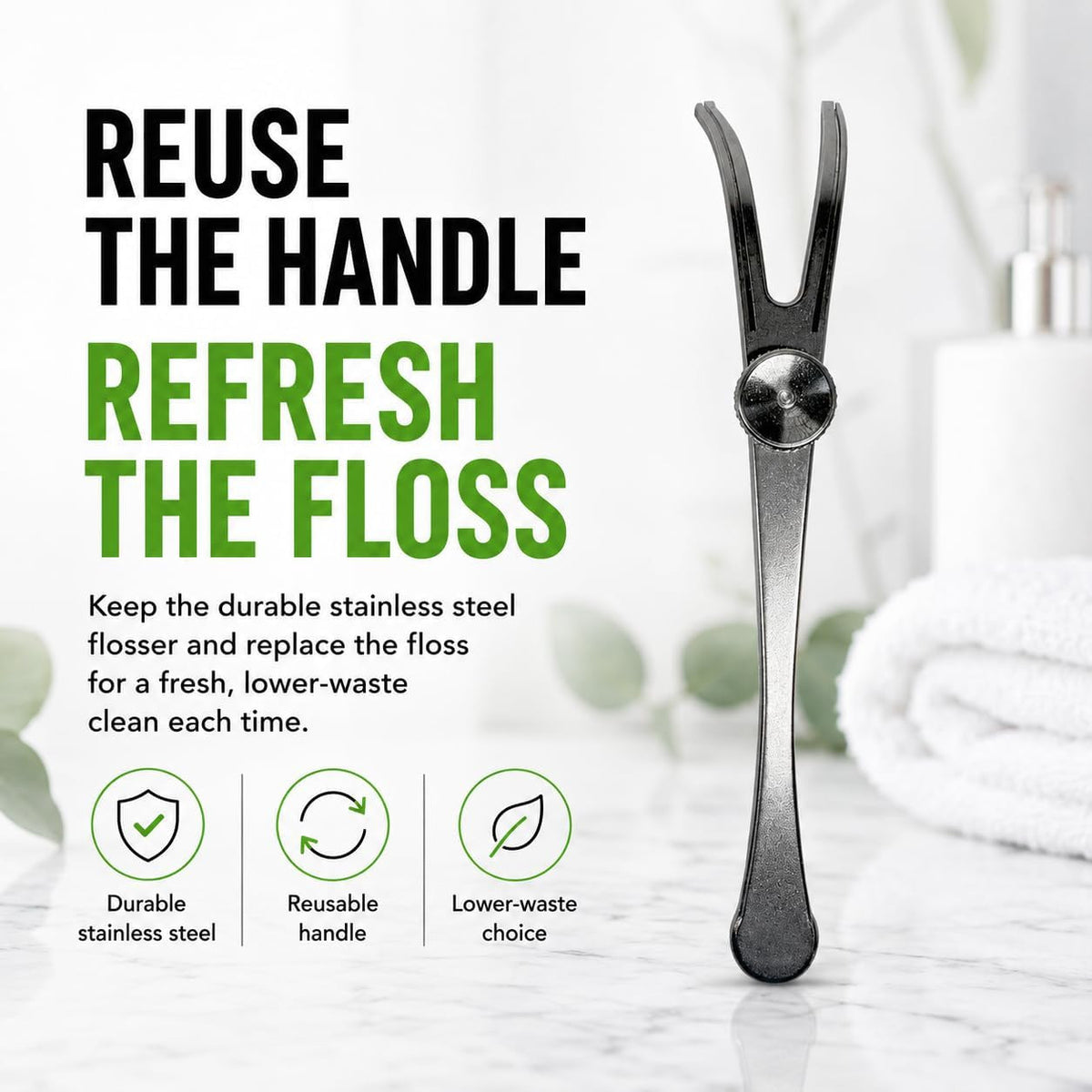 Reusable Stainless Steel Dental Floss Pick Handle with Refillable Design