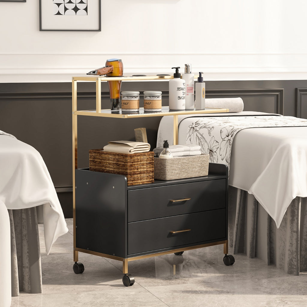 Salon Rolling Cart with Storage Drawers and Tool Holders - Black Metal Trolley