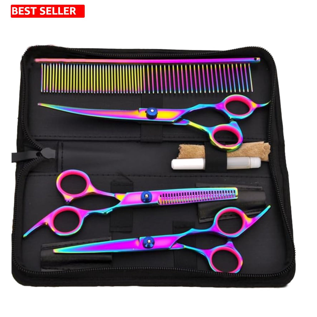 Pet Grooming Scissors Kit with Curved, Straight & Thinning Shears Stainless Steel Comb