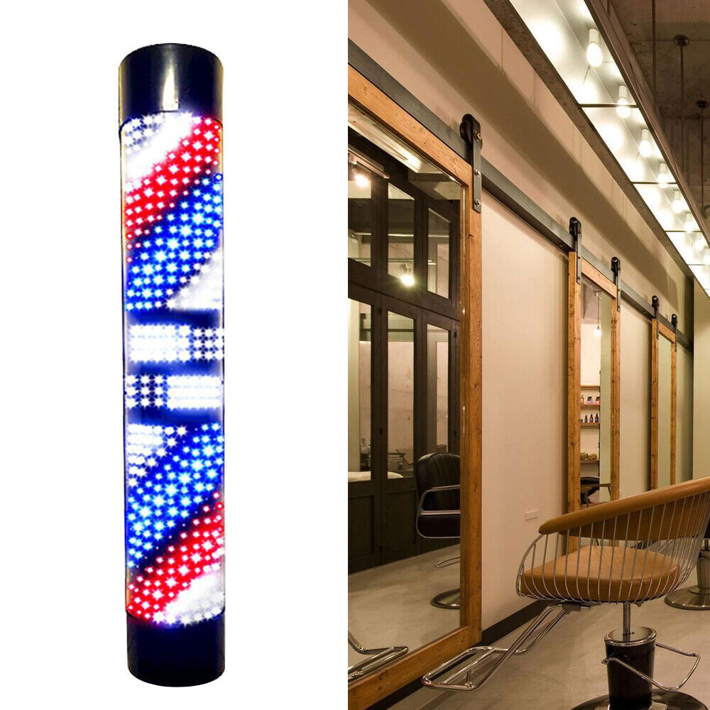 LED Barber Pole Light - Rotating Sign for Hair Salons, Wall Mount, Red White Blue Stripes
