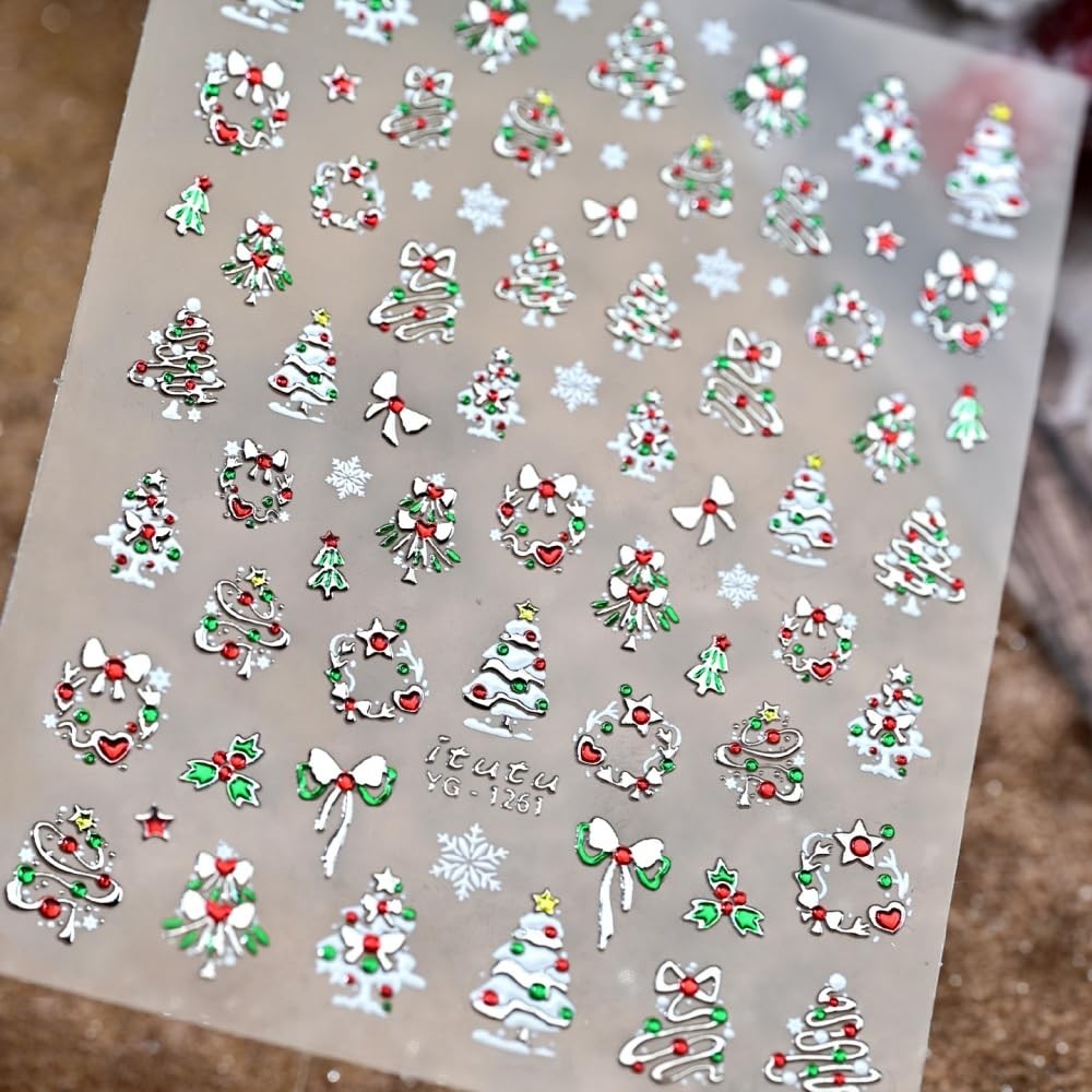Christmas Nail Stickers 5D Embossed Metallic Silver Nail Decals Holiday Manicure