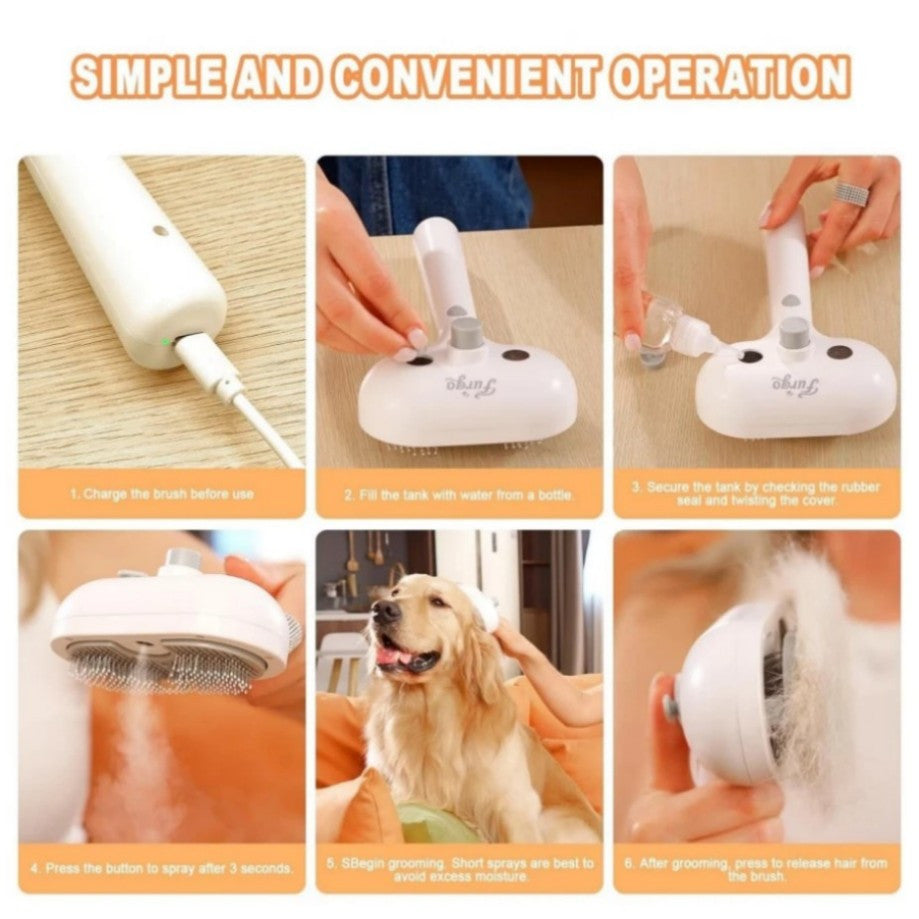 Electric Pet Steam Brush for Cats and Dogs - 3-in-1 Grooming, De-shedding & Massaging