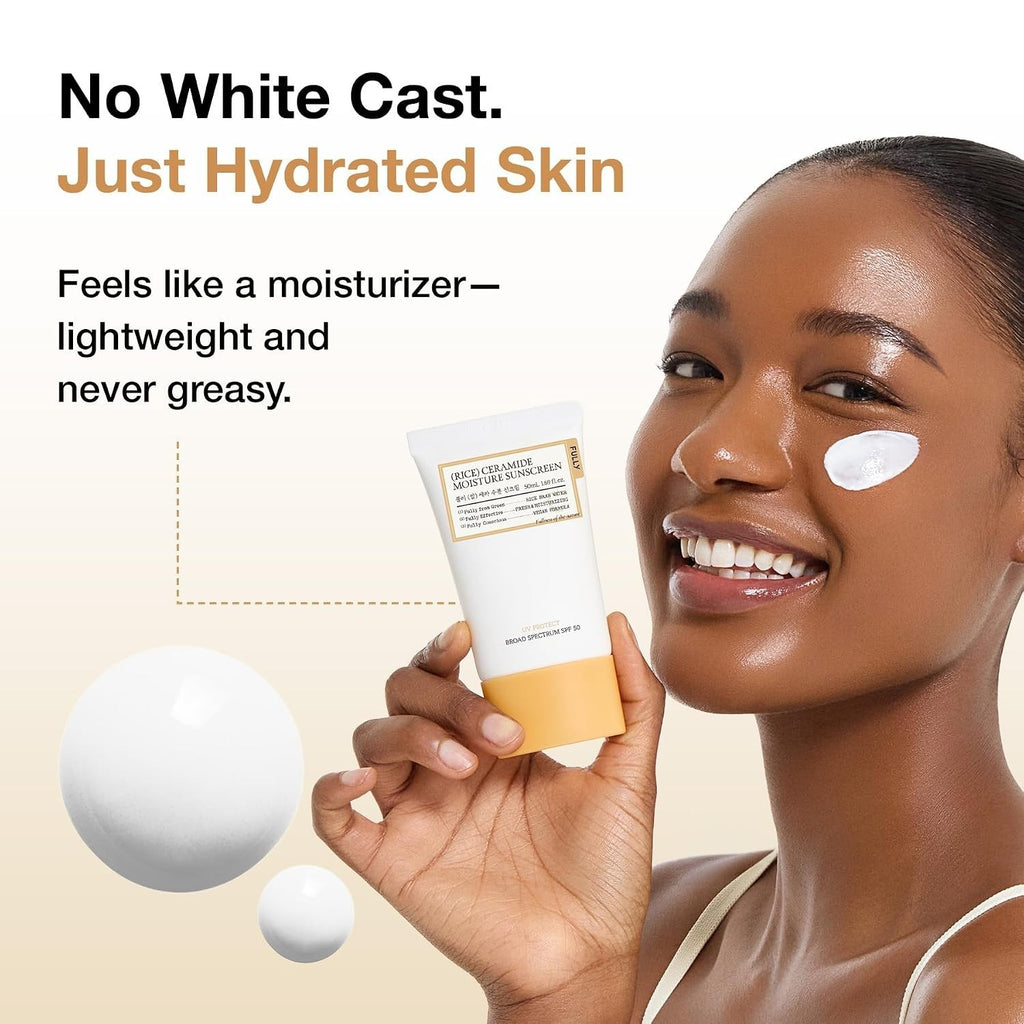 Korean SPF 50 Rice Ceramide Sunscreen for All Skin Types - Hydrating, No White Cast, Lightweight