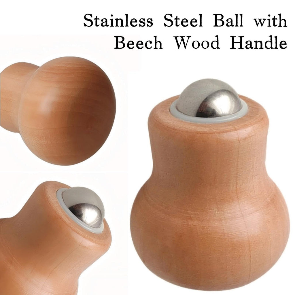 Stainless Steel Facial Massage Roller with Beech Wood Handle - Portable Skin Care Tool