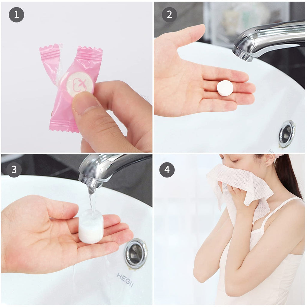 Compressed Face Towels Tablets - Reusable Travel Mini Towels (100 Pack, Pink)