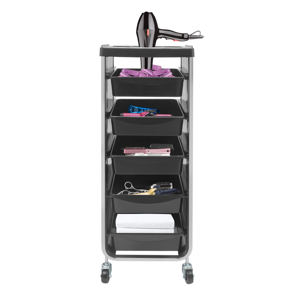 Salon Trolley Cart with 5 Drawers and Dryer Holder, Black