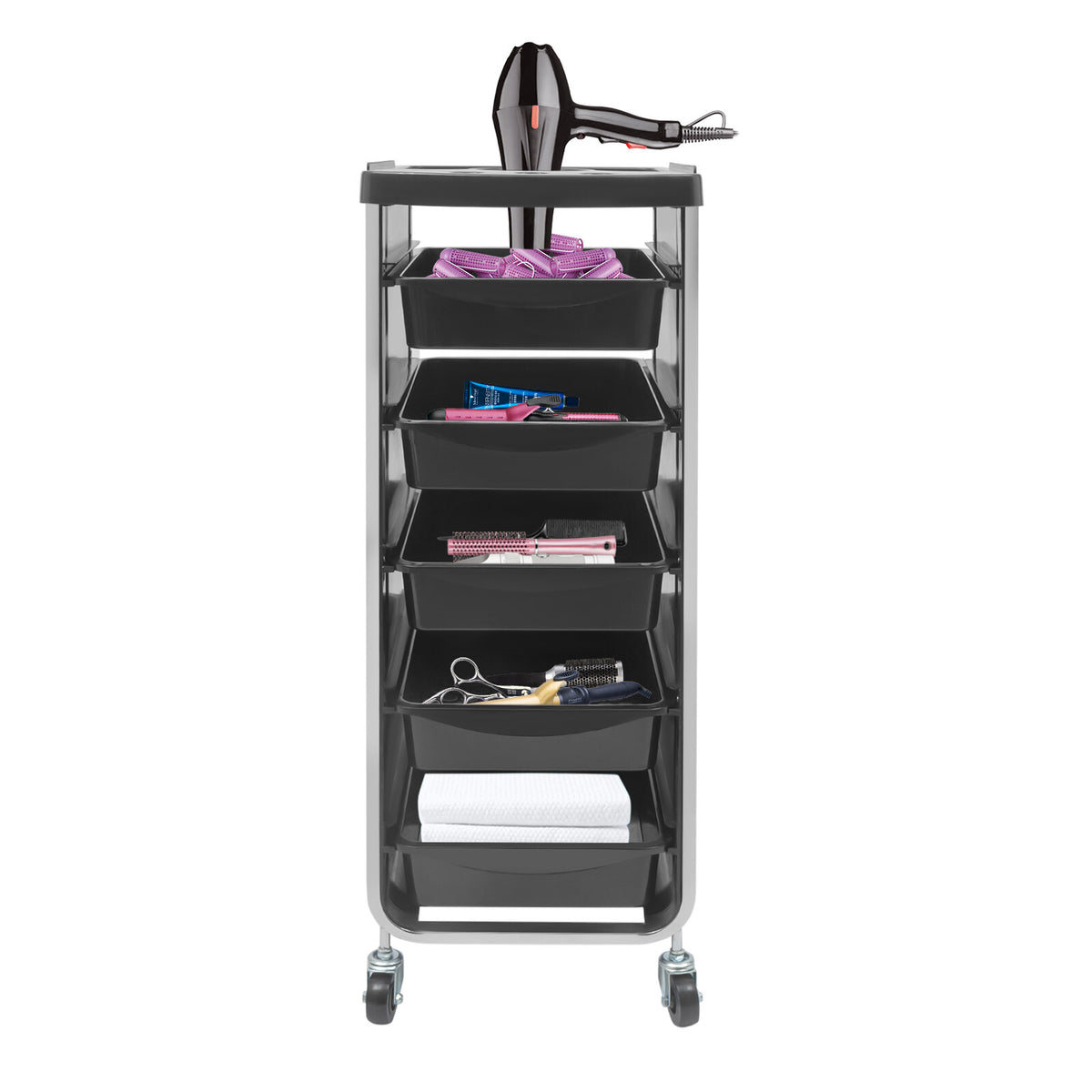 Salon Trolley Cart with 5 Drawers and Dryer Holder, Black
