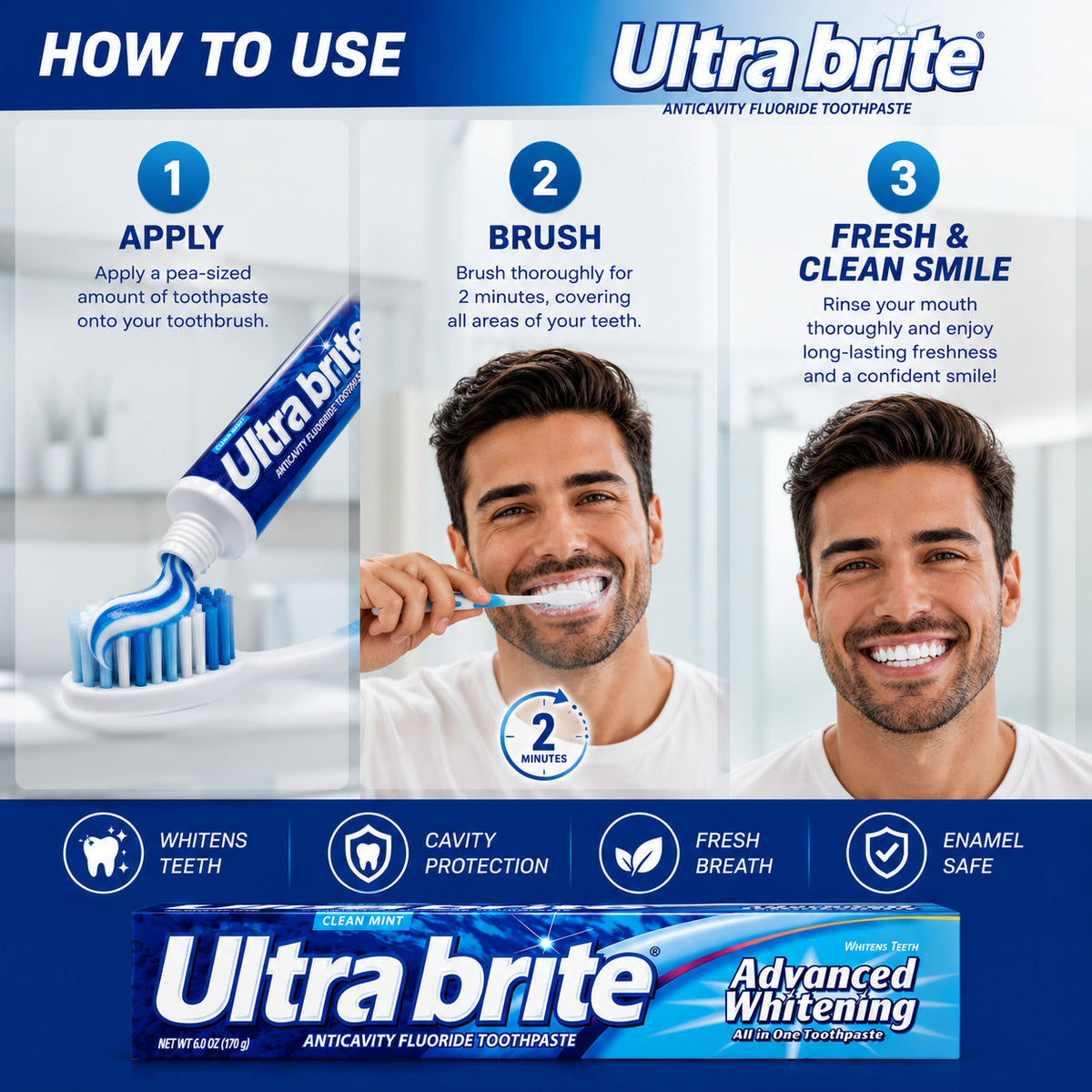 Ultra Brite Whitening Toothpaste Clean Mint 6 Oz - 3 Pack