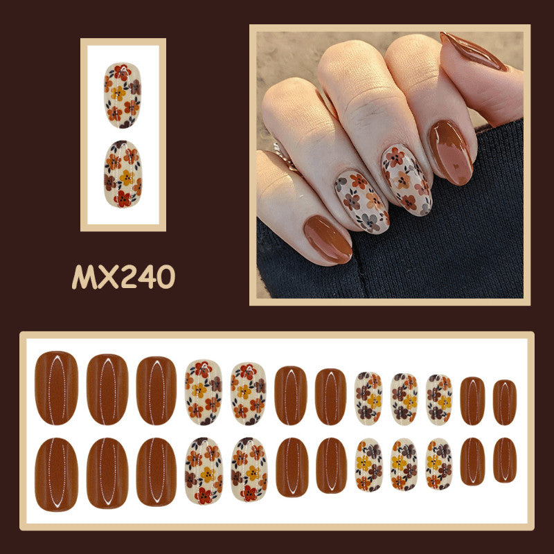 48 Pcs Retro Floral Caramel Almond Fake Nail Set - Press On Nails, Elegant Warm Style