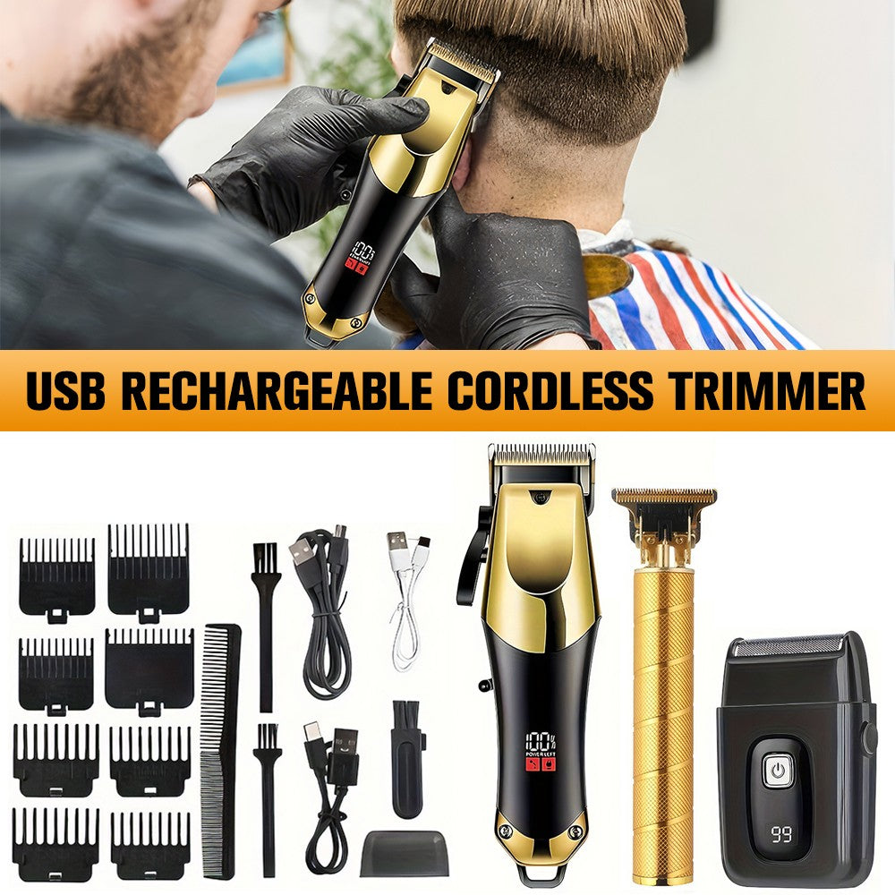 Men's Cordless Hair Cutting & Beard Trimmer Set with LED Display, 3-Piece Grooming Kit