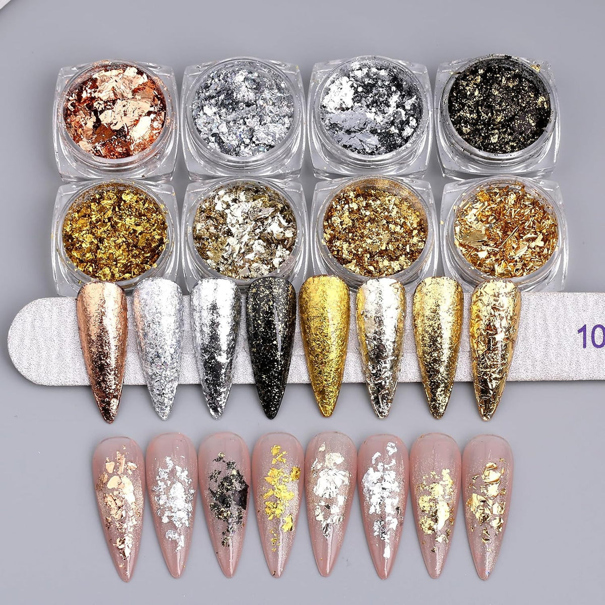 Gold Flakes Nail Glitter Foils Set - Metallic Gold Silver Black Rose Gold for Nail Art