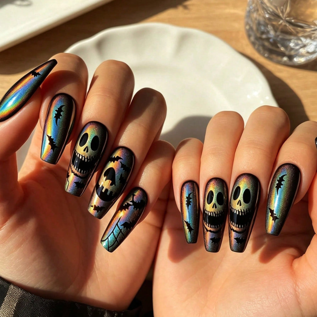 Halloween Press-On Nails Set - Bat Ghost French Gradient Mid-Length Fake Nails