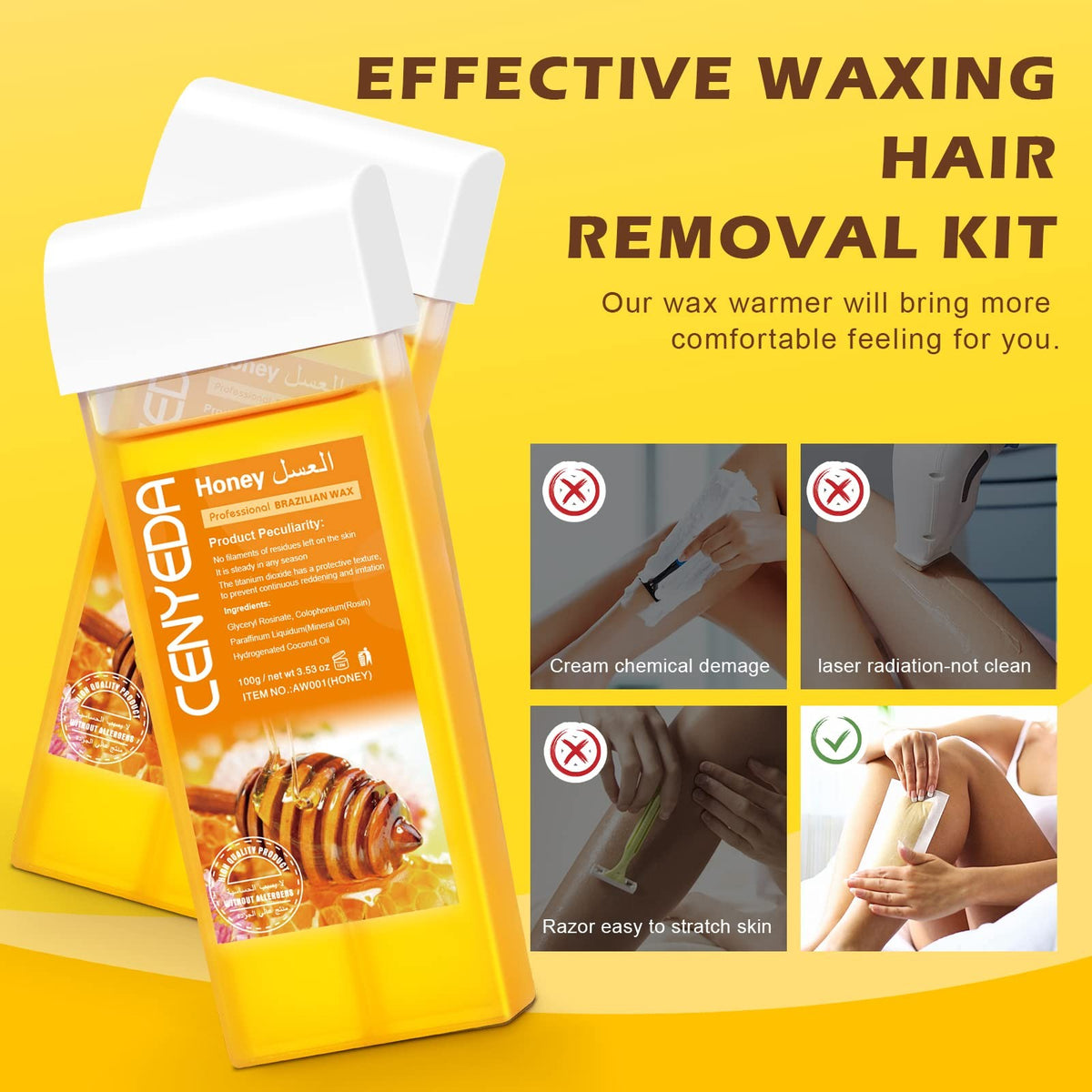 Digital Honey Wax Kit for Hair Removal with Roll-On Warmer and Cartridges