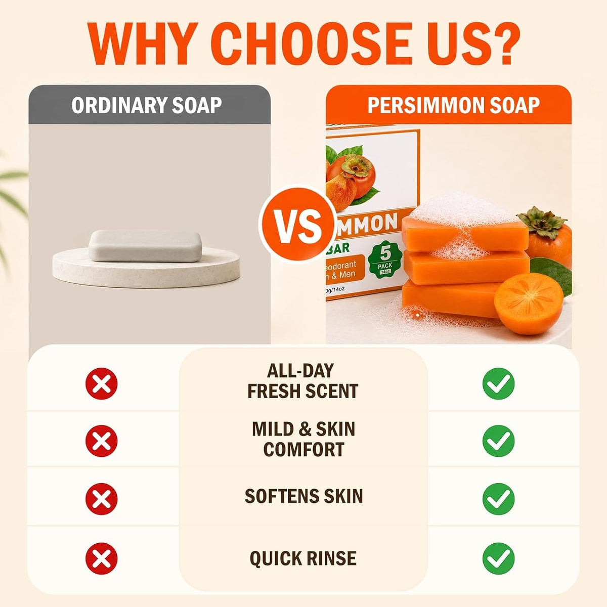 Natural Persimmon Soap Bars 80g Pack - Gentle, Hydrating Full-Body Cleanser