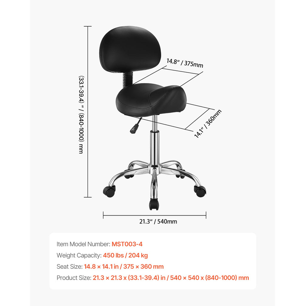 Adjustable Saddle Stool with Wheels and Backrest - PU Leather, Heavy Duty