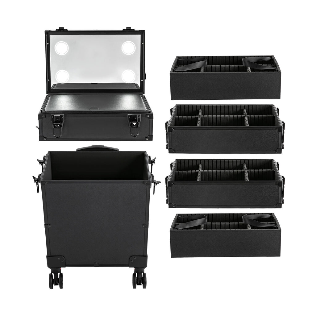 Professional Rolling Makeup Case with LED Lights and Multiple Tiers
