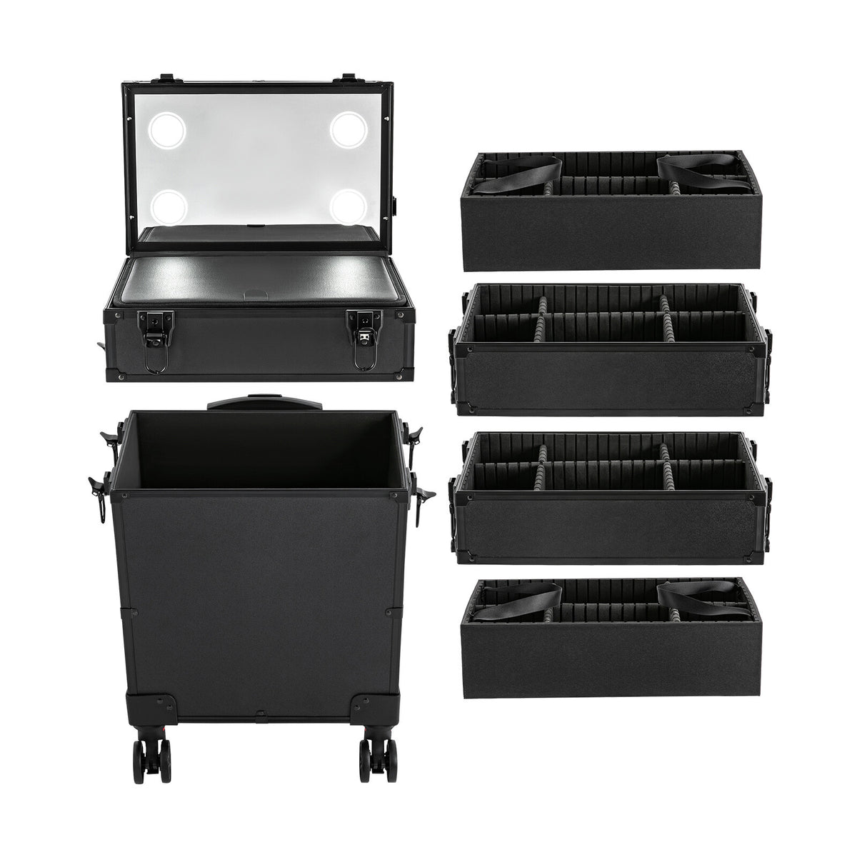 Professional Rolling Makeup Case with LED Lights and Multiple Tiers
