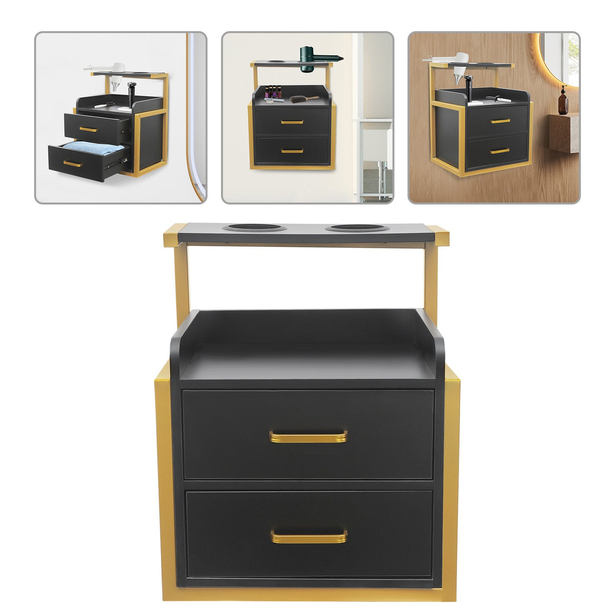 Salon Station Wall-Mounted Barber & Beauty Storage Cabinet with 2 Drawers