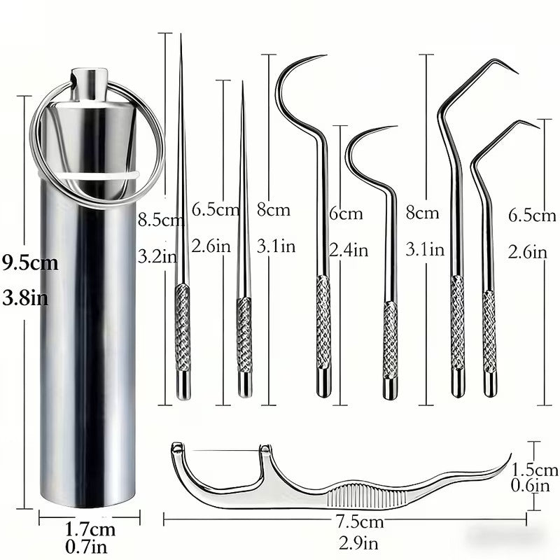 Set of 7 Stainless Steel Toothpicks with Keychain Holder - Reusable Portable Oral Care
