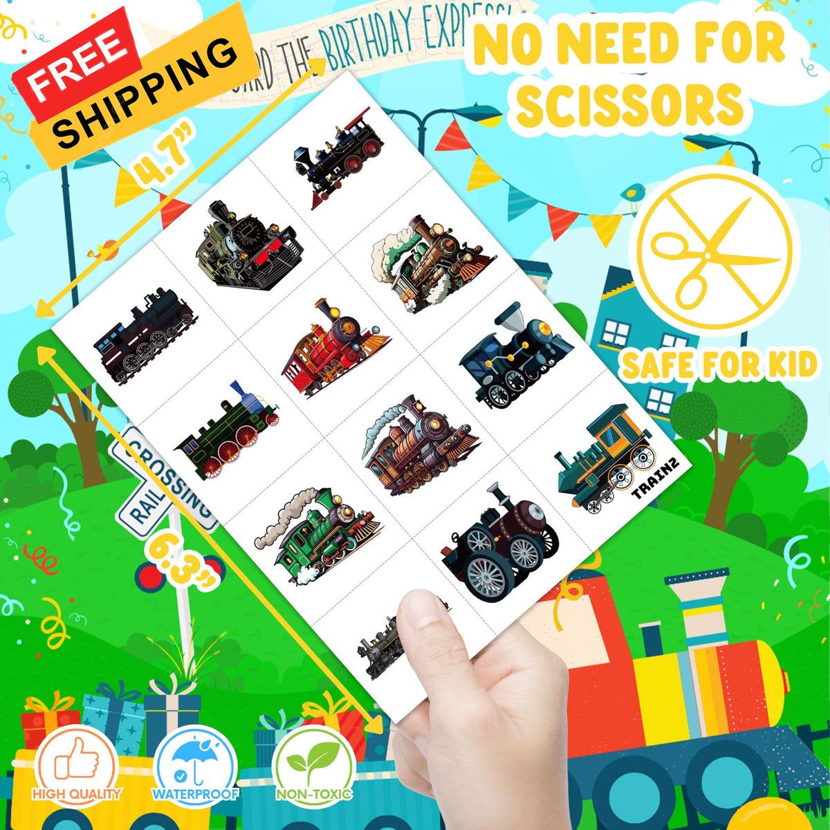Train Temporary Tattoos for Kids - 96 Pack Multicolor Sheets, 8 Sheets