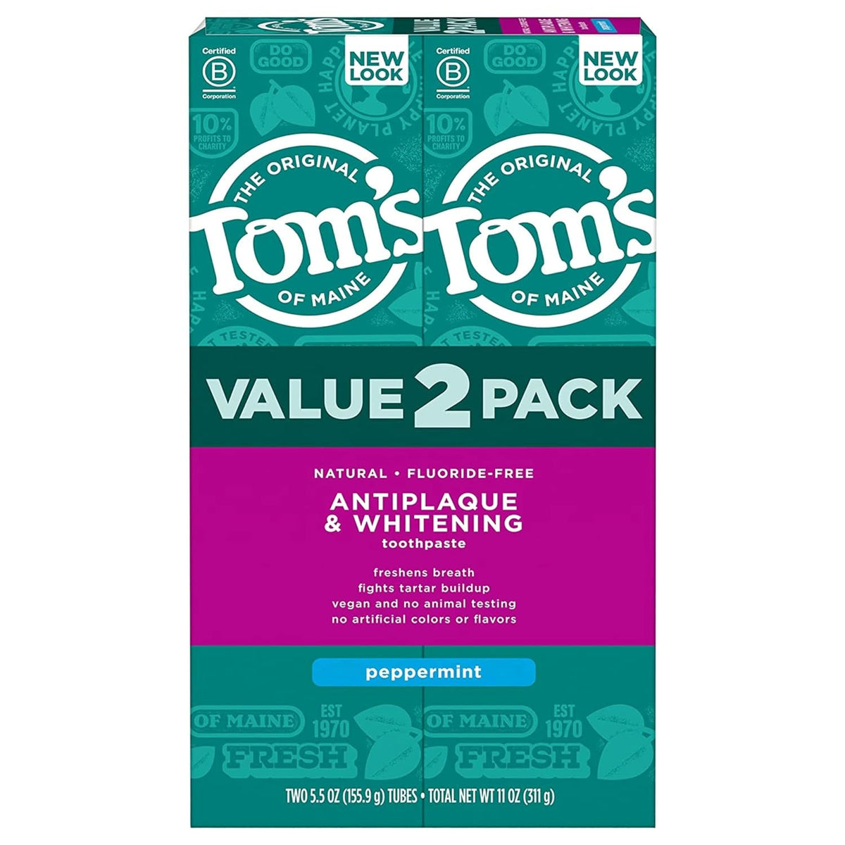 Peppermint Antiplaque & Whitening Toothpaste 2-Pack - Fluoride Free 5.5 Oz