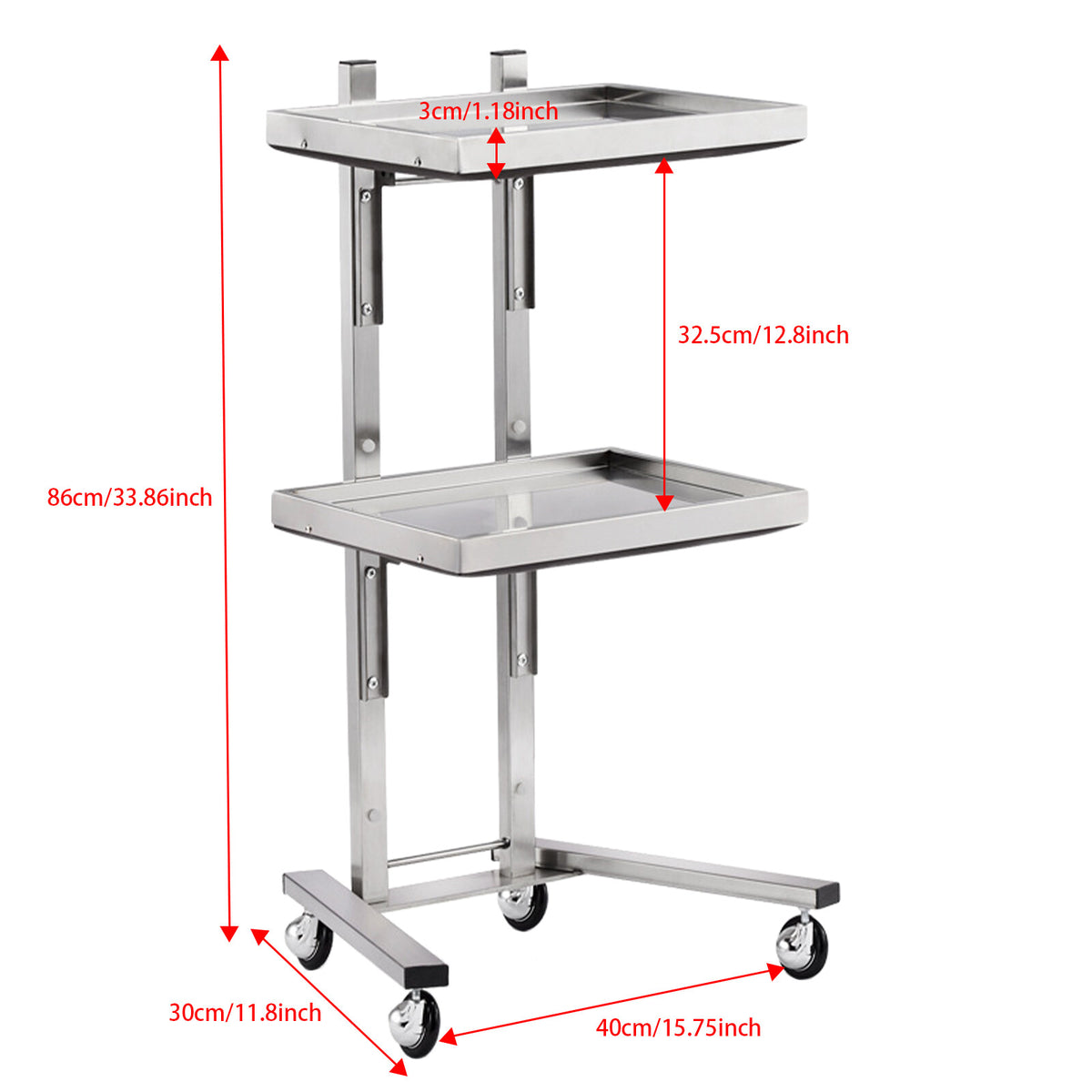 2-Tier Stainless Steel Salon Rolling Cart with Lockable Wheels