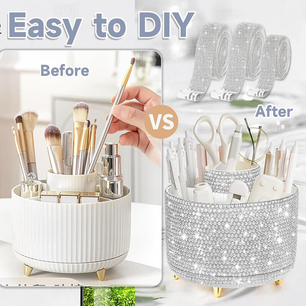 Rotating Makeup Organizer Brush Holder with DIY Diamond Decorations, Silver