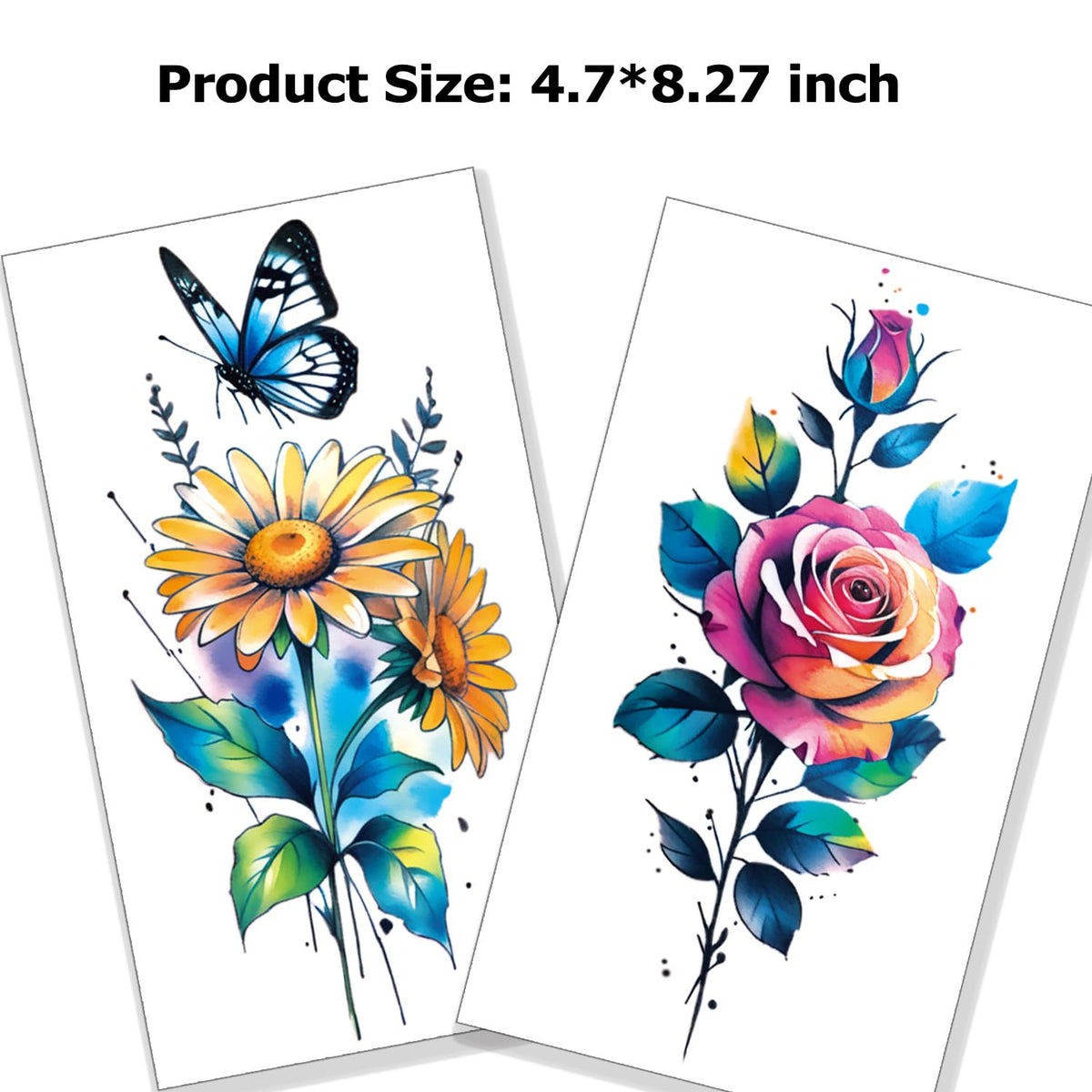 Watercolor Flower Temporary Tattoos - 12 Large 4.7x8.27 in Sets for Arms, Shoulders & More