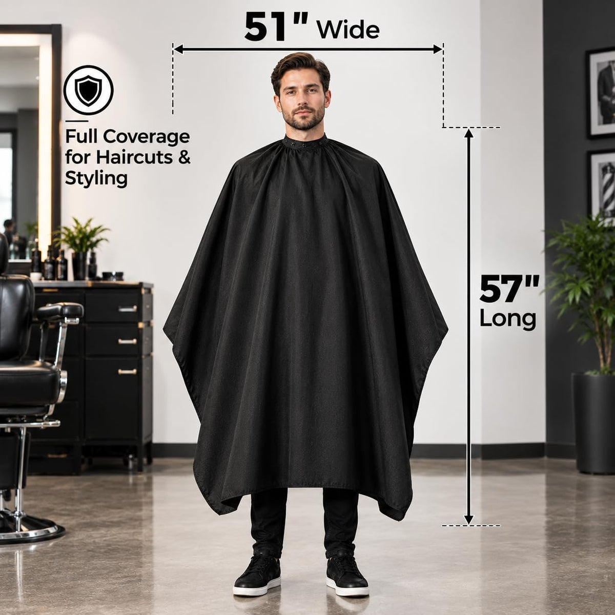 Waterproof Black Barber Cape for Hair Cutting with Adjustable Snap Closure - Salon Use