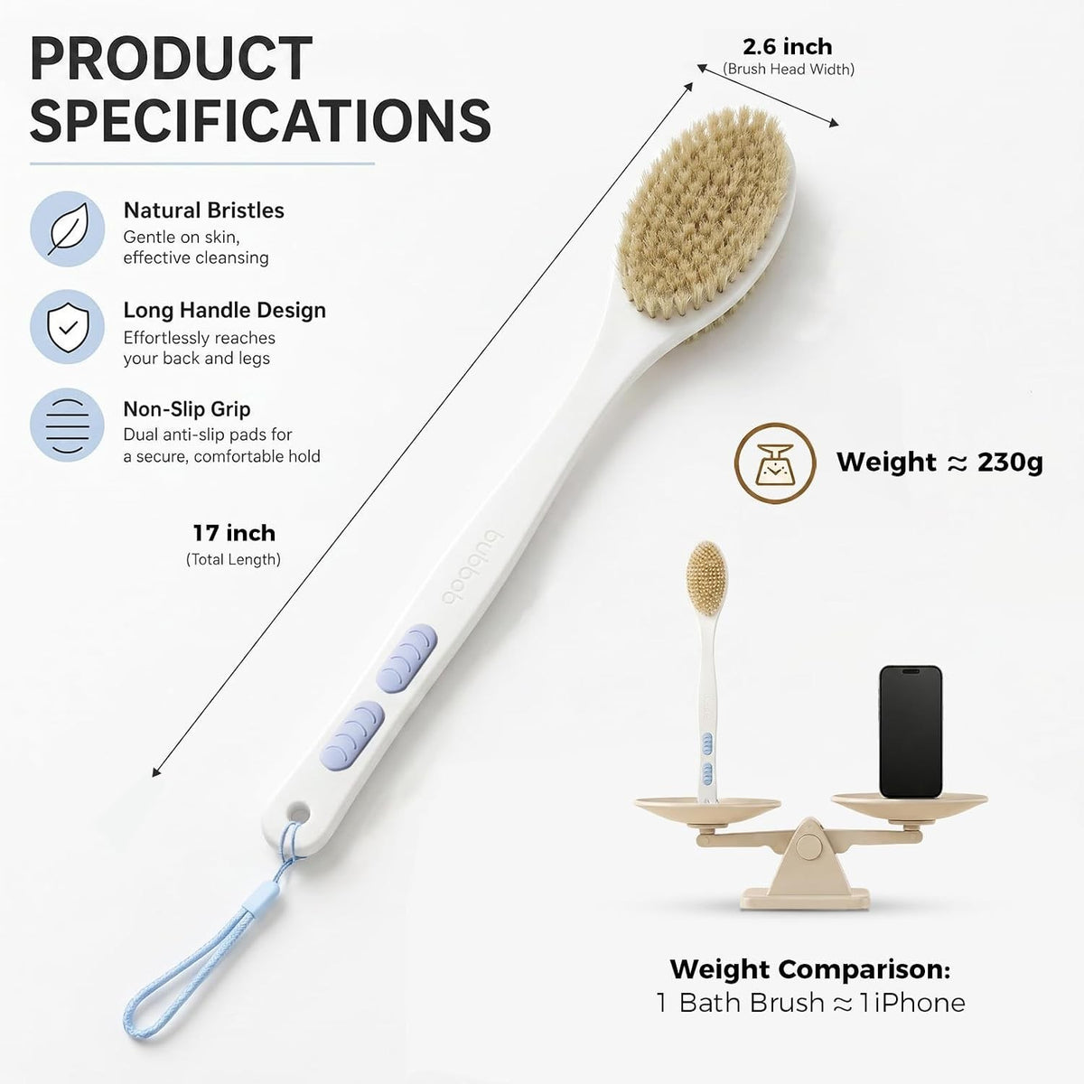 Long Handle Back Scrubber with Dual Bristles Anti-Slip Shower Brush