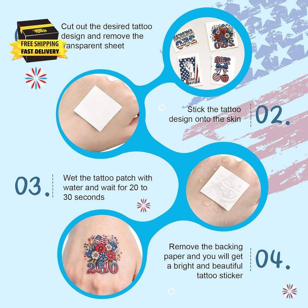 4th of July 80‑Piece Temporary Tattoos 250th Anniversary USA, Waterproof Kids Party Pack