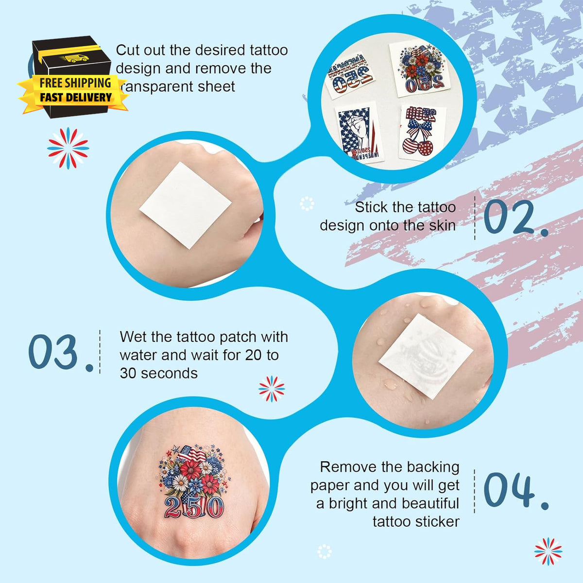 4th of July 80‑Piece Temporary Tattoos 250th Anniversary USA, Waterproof Kids Party Pack