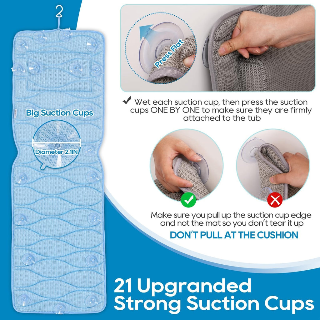 Full Body Bath Pillow with 21 Non-Slip Suction Cups - Waterproof Mesh Spa Cushion