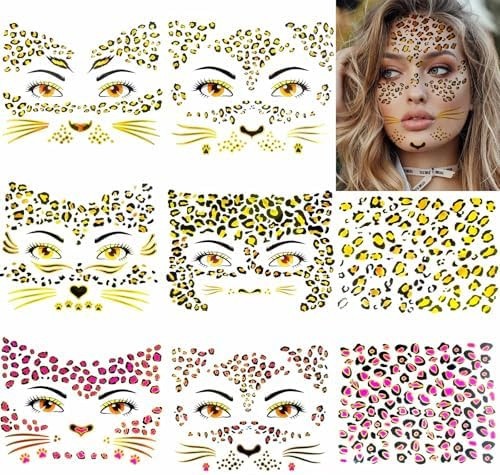 Gold Glitter Leopard Face Temporary Tattoos – 8 Sheets, Waterproof, Safe Edgy Halloween Stickers