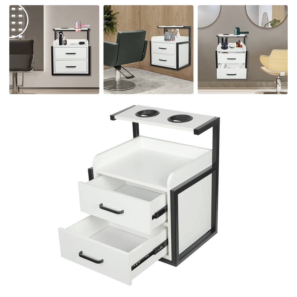 Wall-Mounted Salon Storage Cabinet with 2 Drawers - Black & White