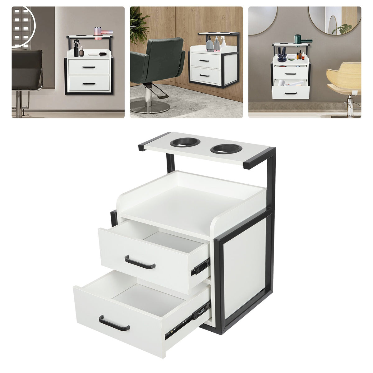 Wall-Mounted Salon Storage Cabinet with 2 Drawers - Black & White