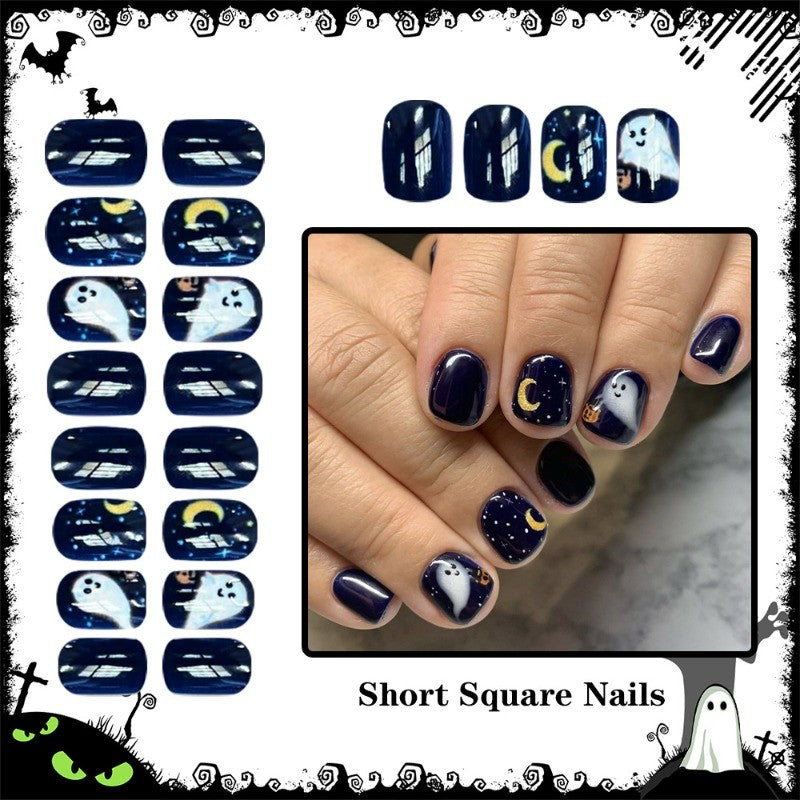 Halloween Press-On Nail Set - Short Square Dark Navy Moon Star Ghost Pumpkin 46 Pieces