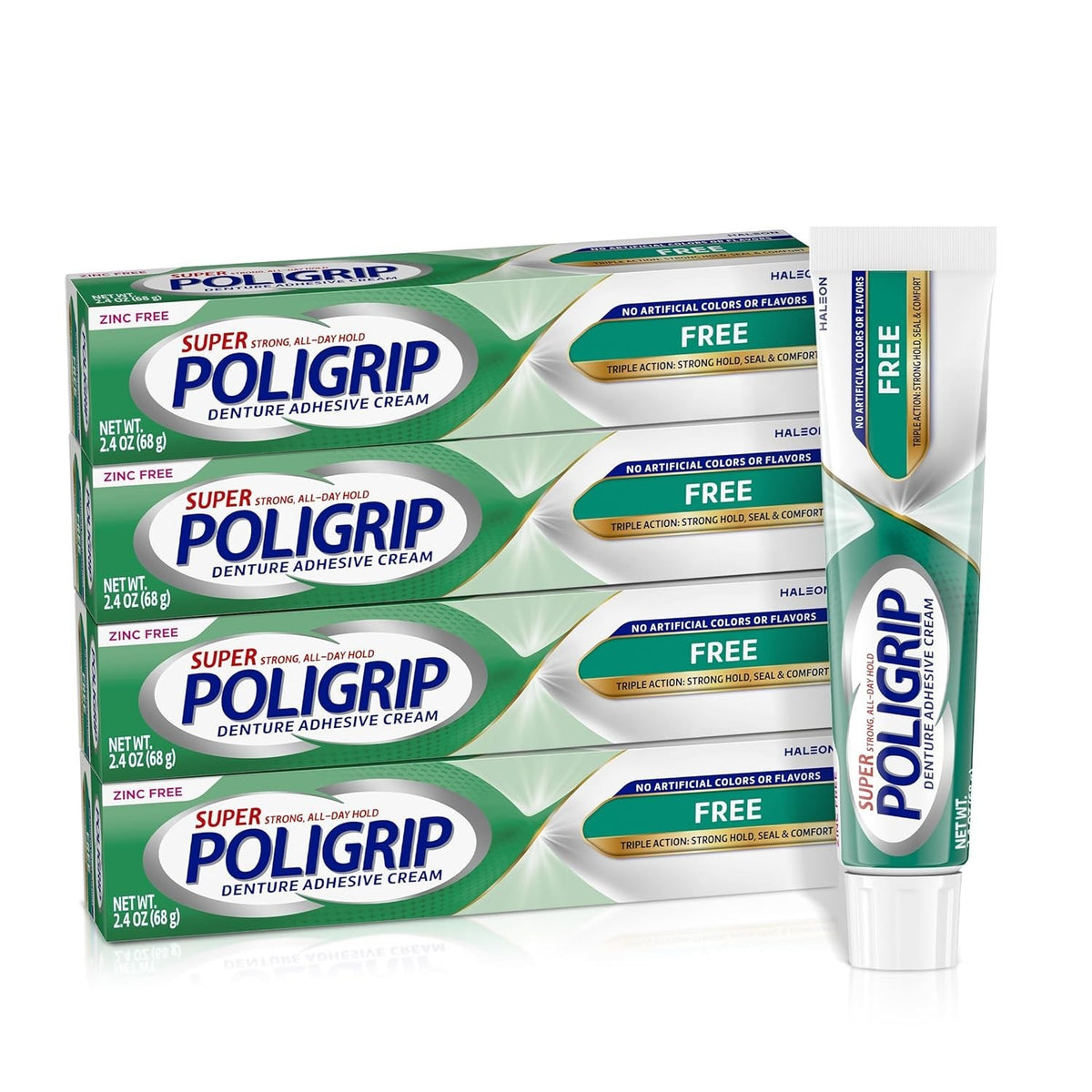 Zinc-Free Denture Adhesive Cream 4-Pack - Strong Hold & Food Seal