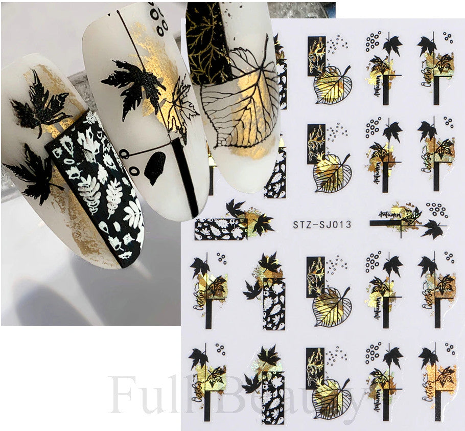 Water Decals Nail Art Stickers Gold Black Lady Leaf Butterfly 2 Sheets