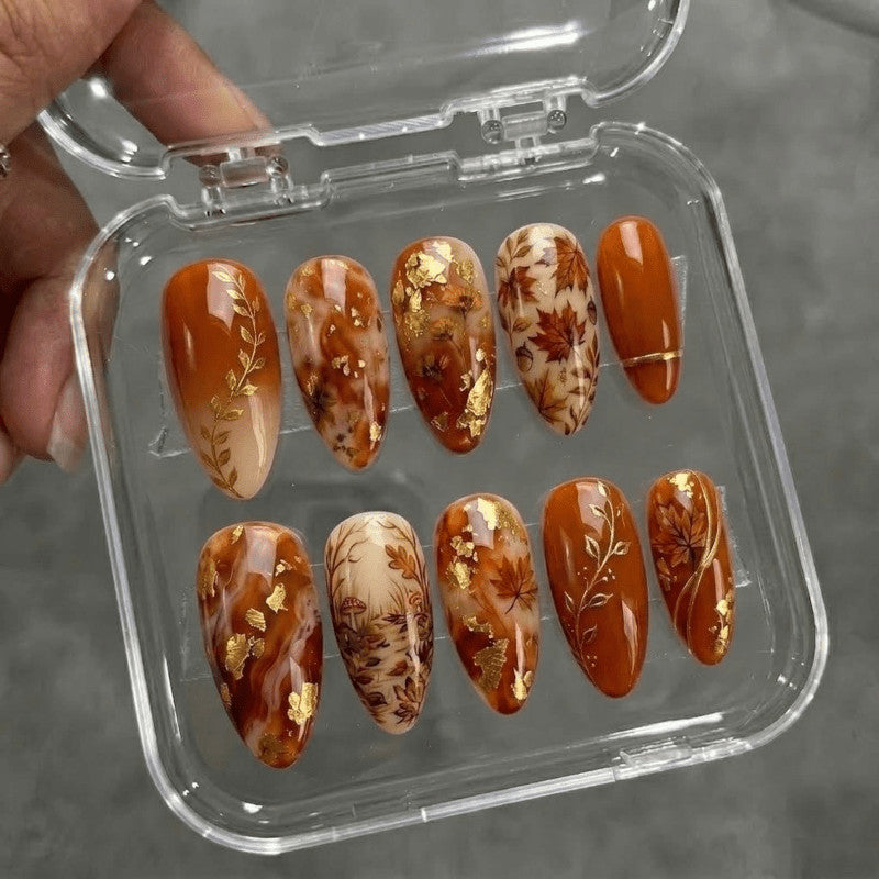 Maple Leaf Handmade Press-On Nails with Gold Foil and Marble Finish - Fall Elegant Fake Nails