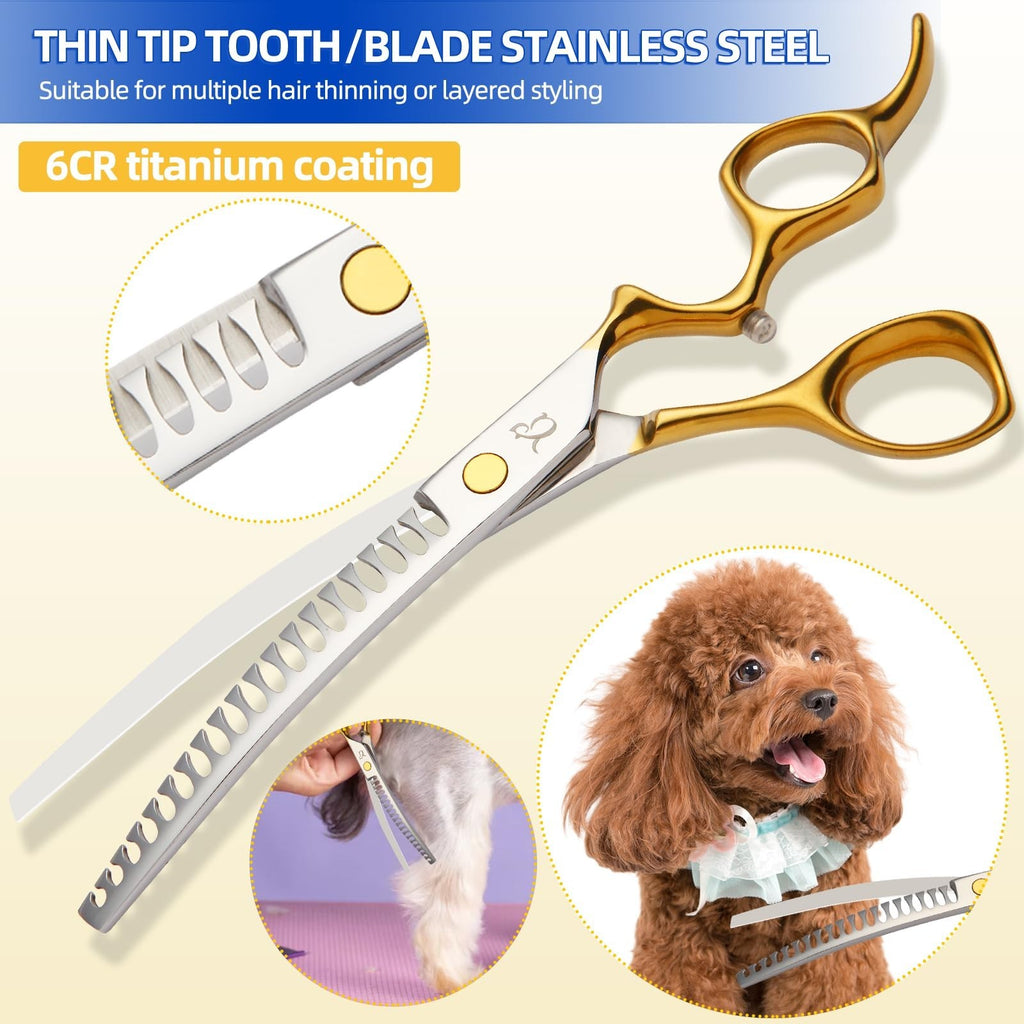 Dog Grooming Scissors Set with Curved Shears & Safety Tips - 4 in 1 Stainless Steel Kit