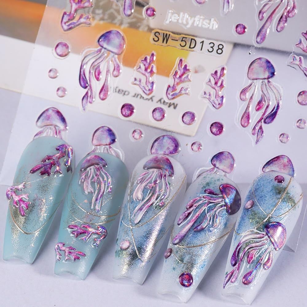 Summer Ocean Nail Stickers - 5D Embossed Shell & Sea Creatures Decals