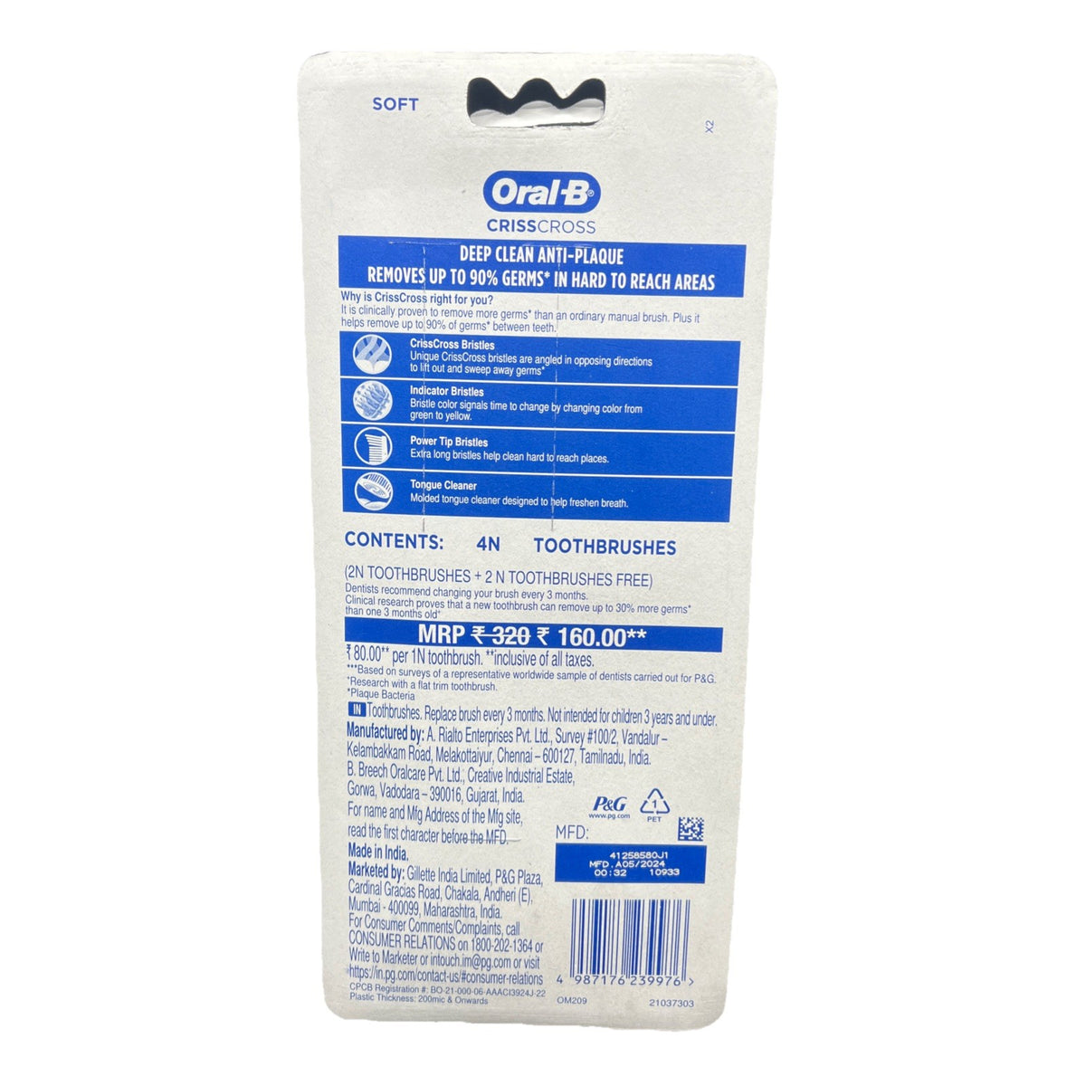 Oral-B Pro CrissCross Soft Plaque-Removing Manual Toothbrushes 4 Pack