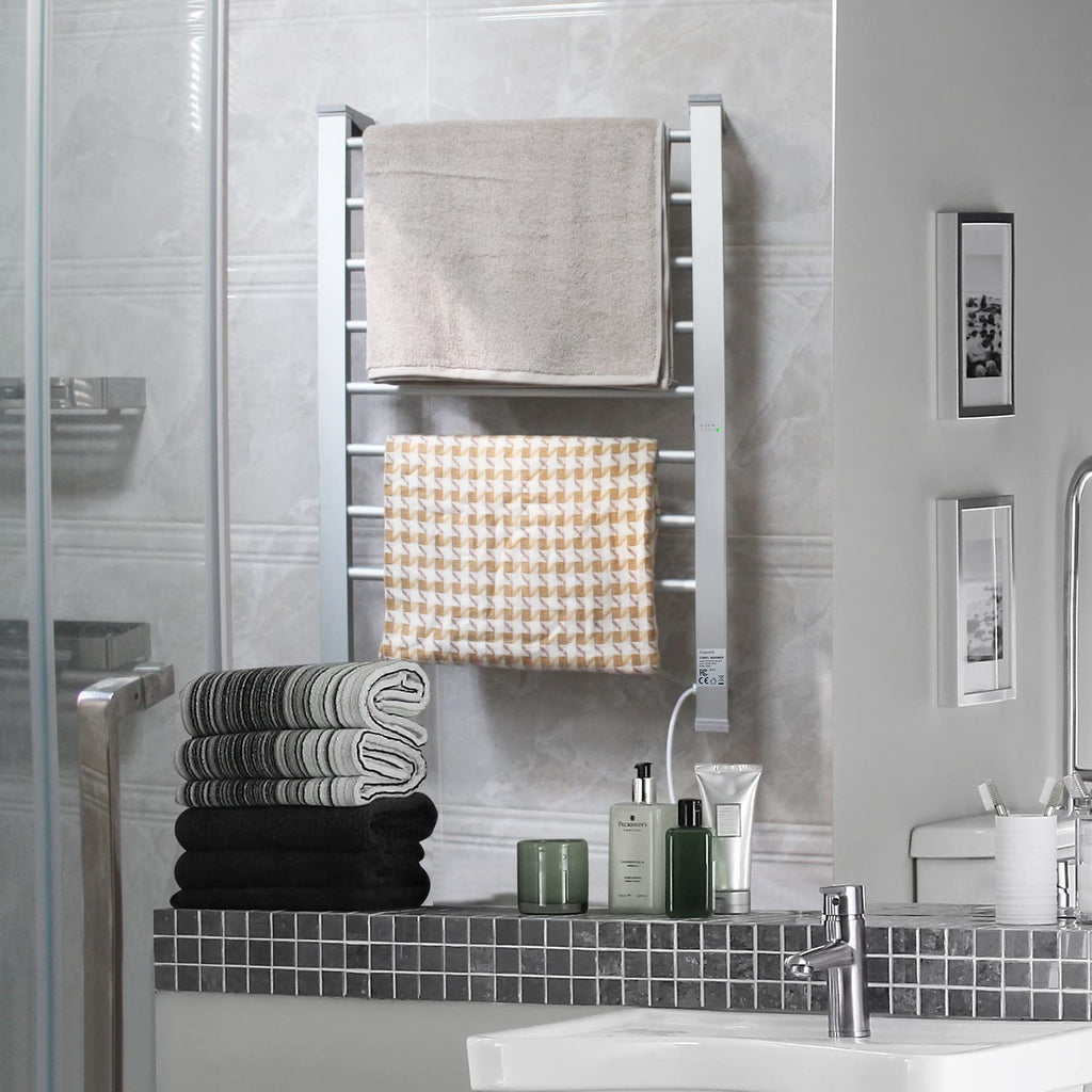 Electric Towel Warmer 8-Bar Aluminum Floor & Wall Mount with Timer