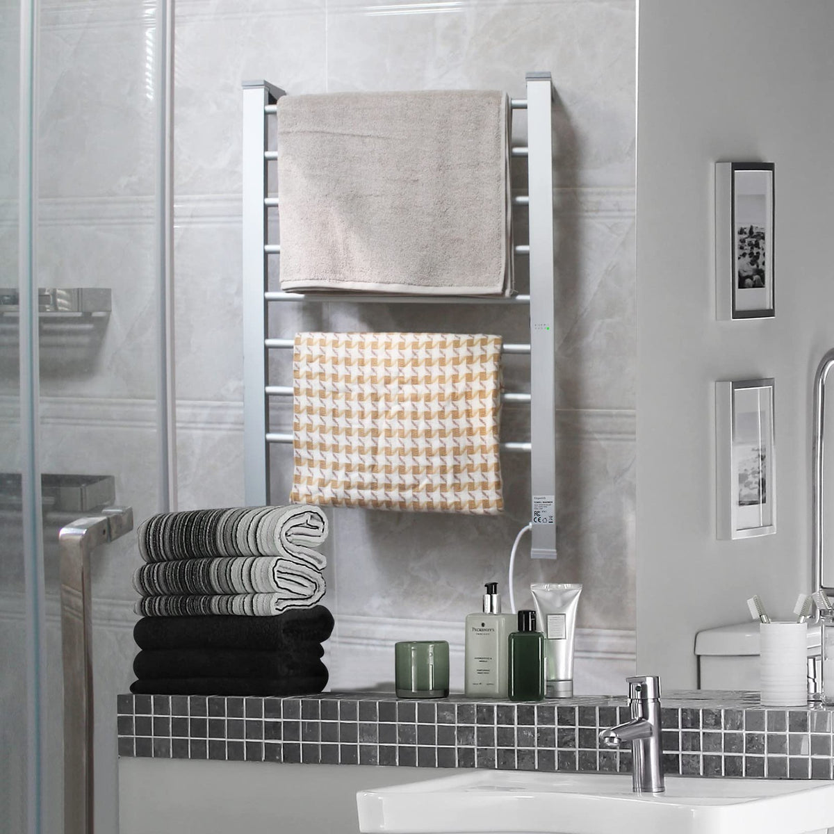 Electric Towel Warmer 8-Bar Aluminum Floor & Wall Mount with Timer