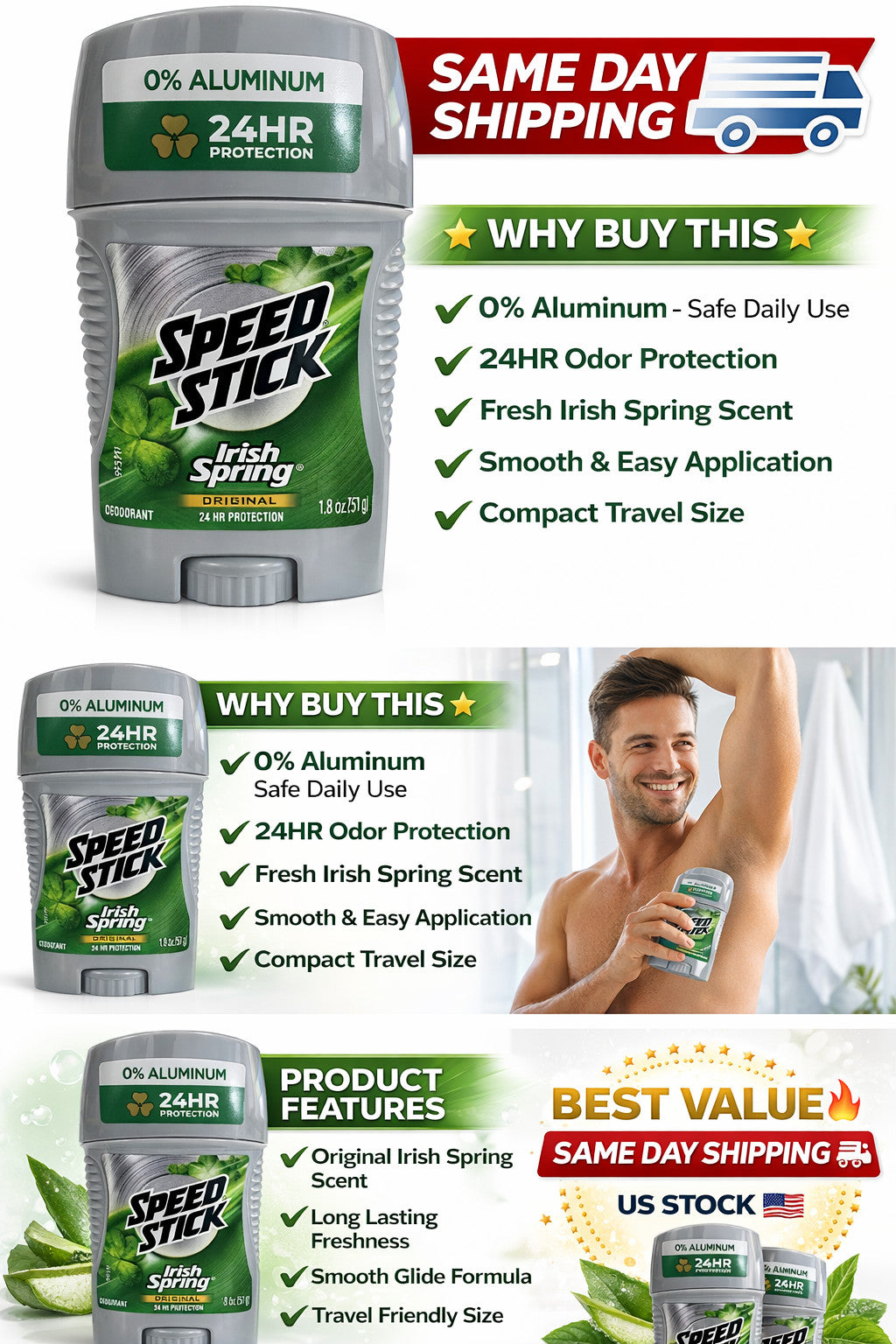 Speed Stick Irish Spring Deodorant 6 Pack 1.8oz Men 24Hr Freshness, Aluminum-Free