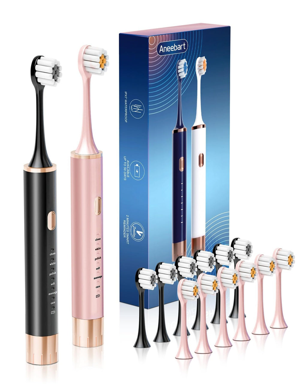Electric Toothbrush 2 Pack for Adults with USB Rechargeable Sonic Cleaning - 6 Modes, Timer, 12 Brush Heads