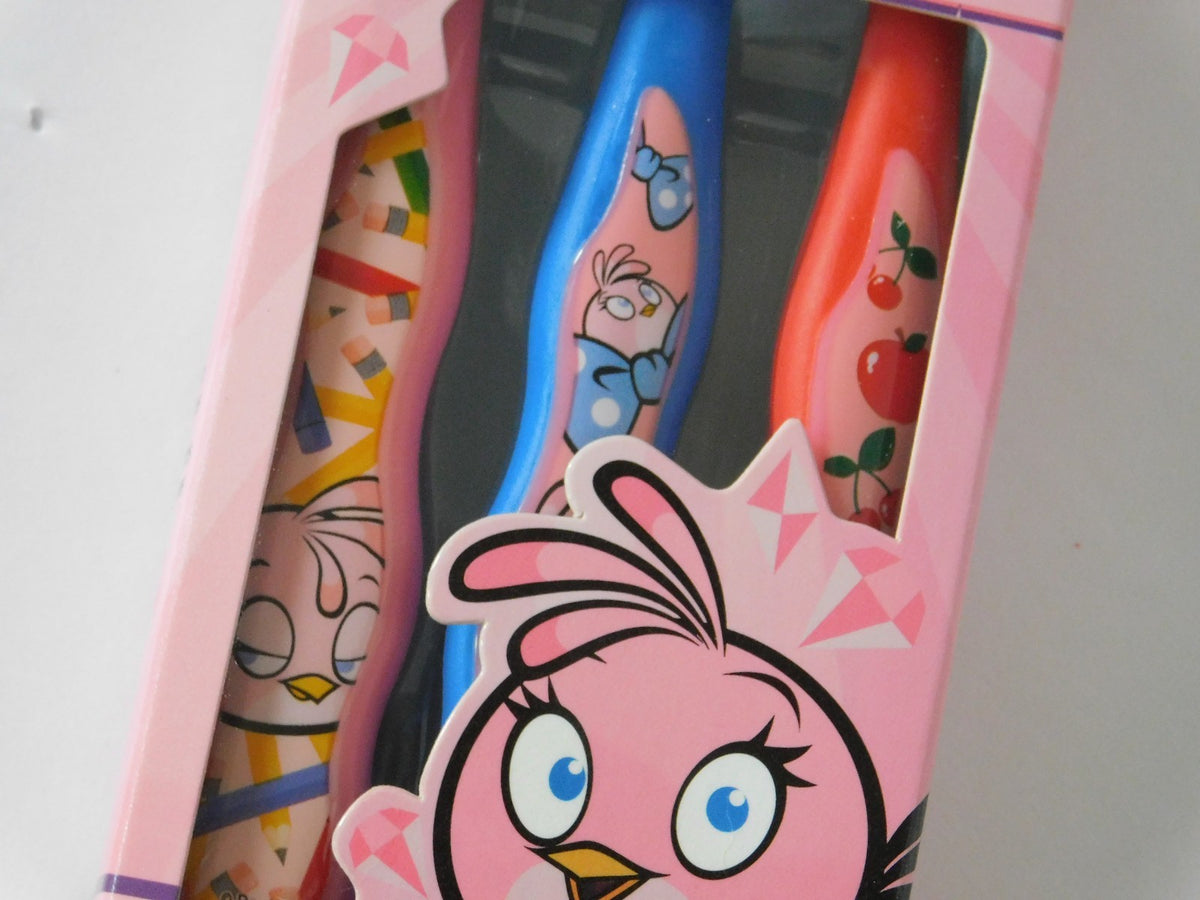 Children's Girl's Angry Bird Soft Bristle Toothbrush 3 Pack - Suction Cup Bottoms