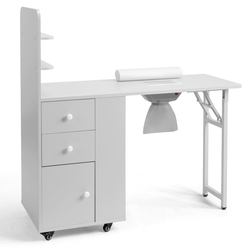 Foldable Nail Tech Table with Dust Collector, Storage Shelves & Lockable Casters