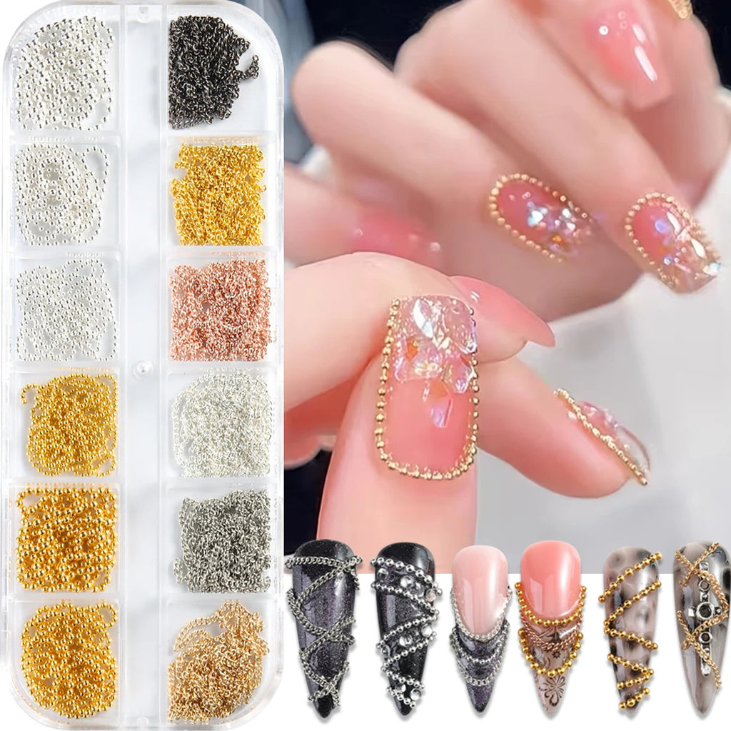 3D Metal Nail Art Chains Gold Silver Nail Decoration Jewelry Set